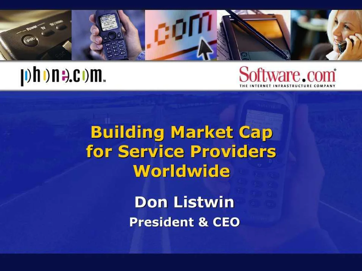 The slide features logos for both Phone.com and Software.com, indicating a merger or joint presentation context.