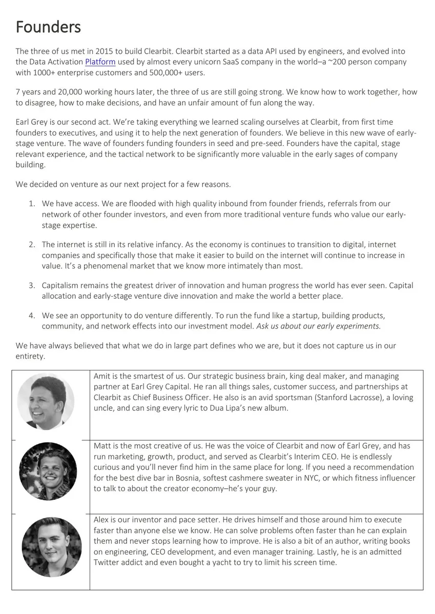 The slide combines a narrative about the founders' history and investment thesis with short, informal bios of the three partners.
