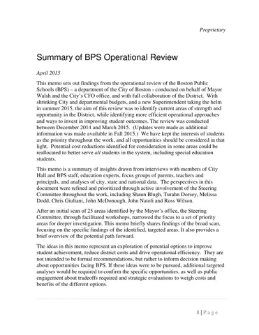 April 2015 McKinsey Operational Review BPS Summary of Audit