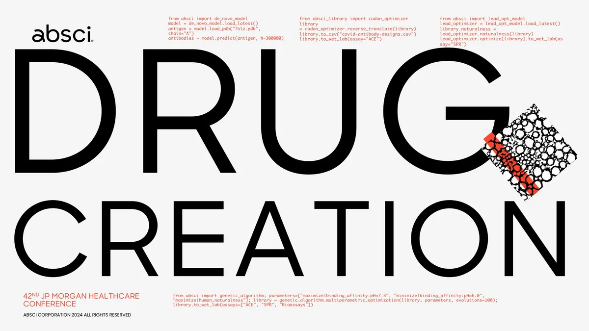 The slide uses Python-like code snippets as a design element to represent the company's computational drug discovery platform.