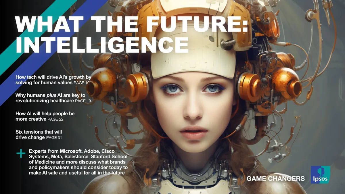 The slide features a stylized AI-themed illustration and lists specific page references for report sections.