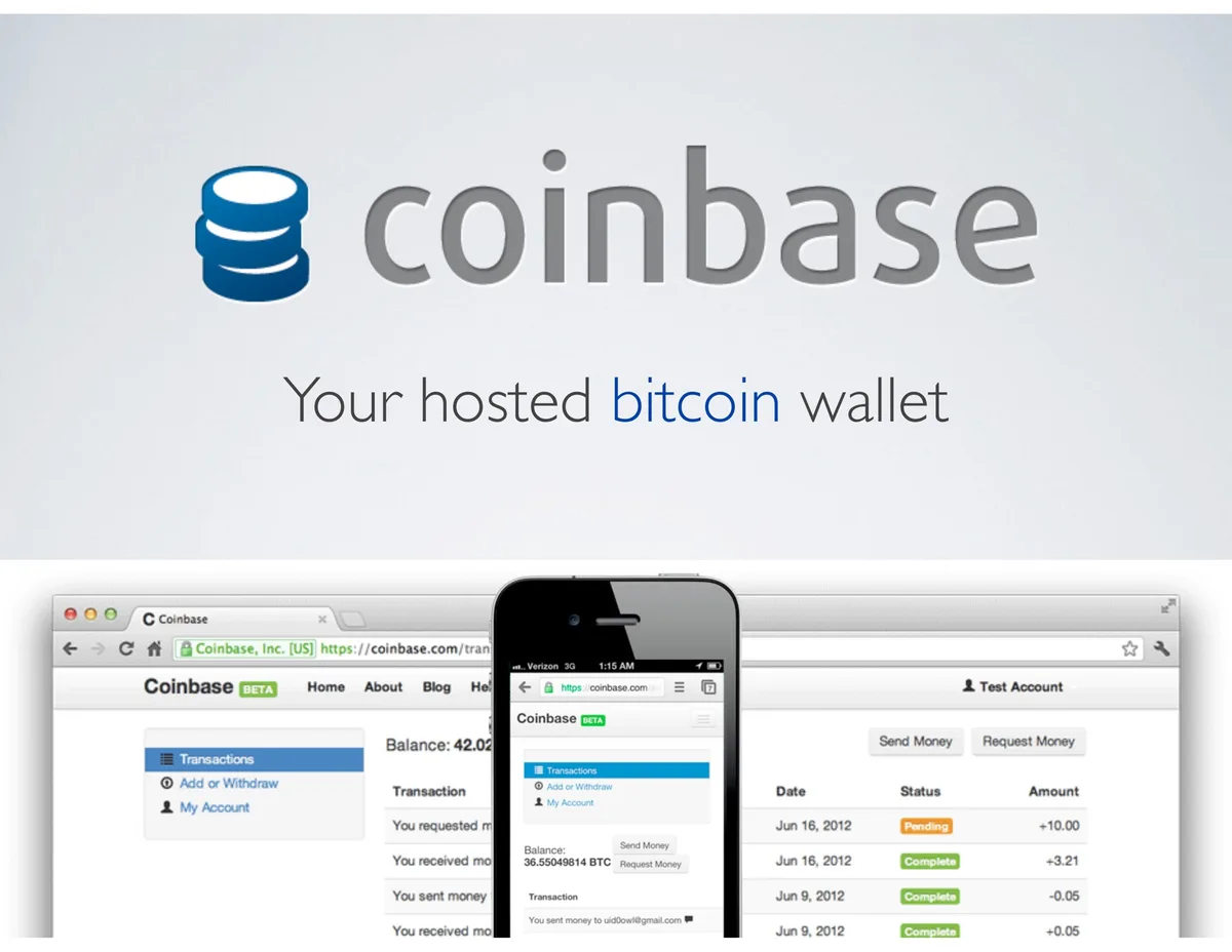 The slide features the original Coinbase logo and a screenshot of the early web and mobile interface.