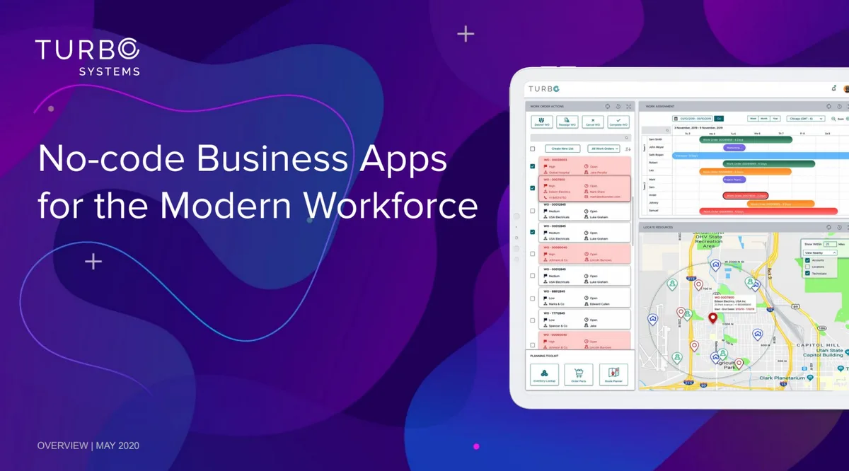 The slide uses a high-contrast purple gradient background with a tablet mockup showing a work order management interface.