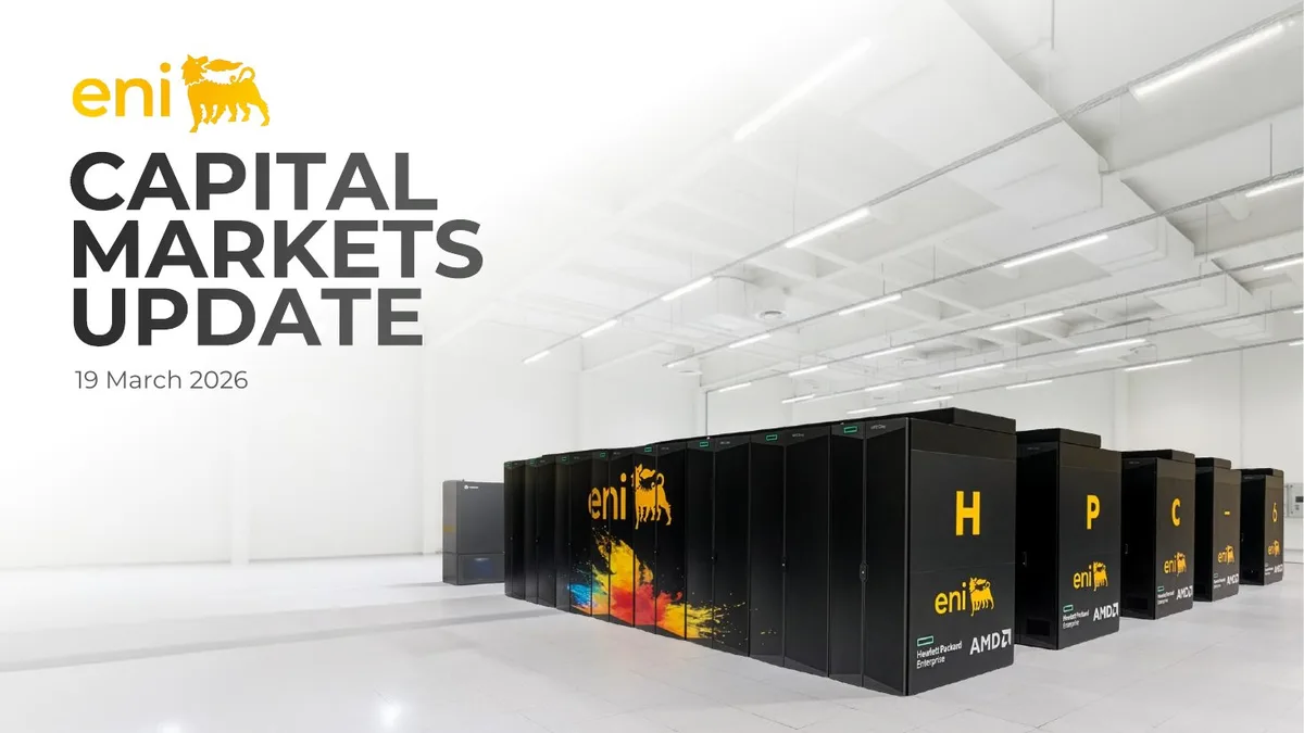 The image shows Eni's HPC (High Performance Computing) infrastructure, likely highlighting technological capabilities.