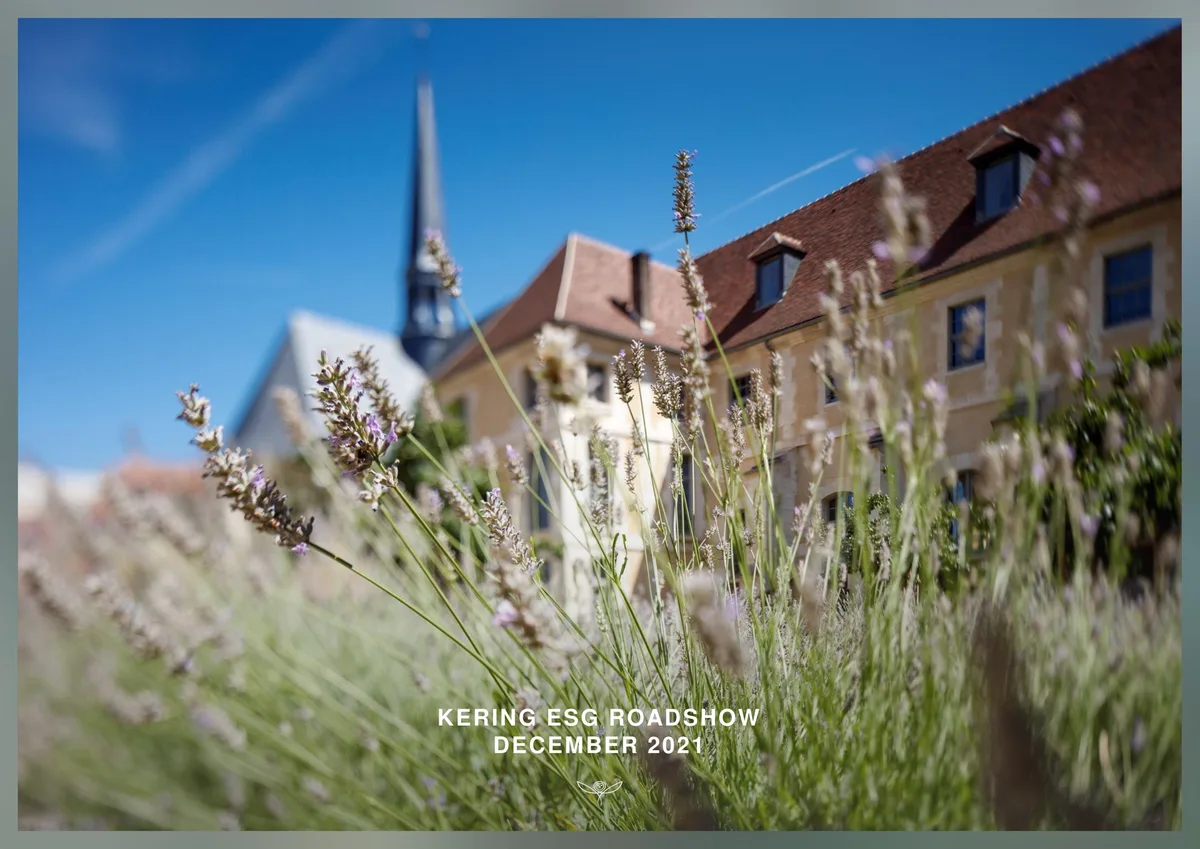 Features a photograph of a building with lavender in the foreground.