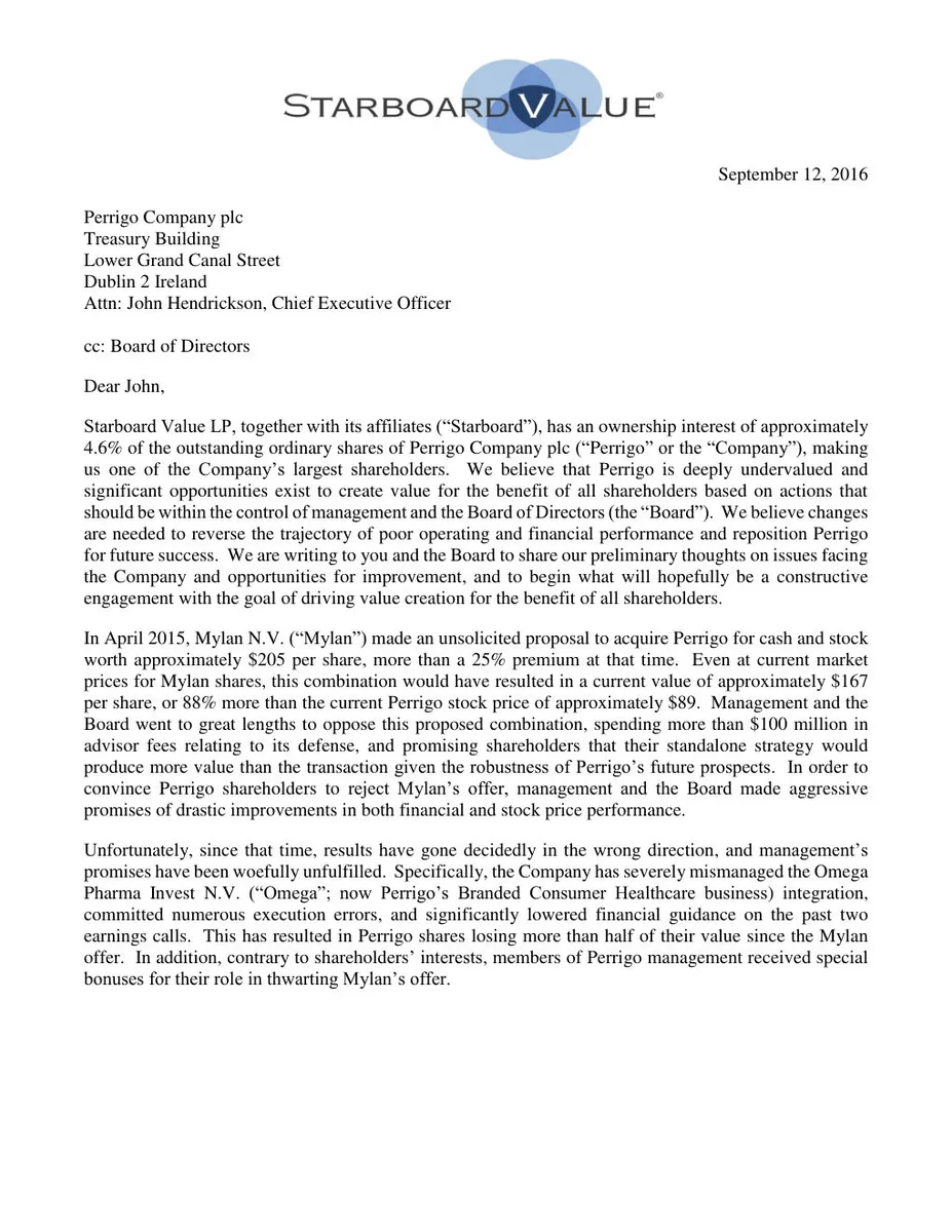 This is a formal shareholder letter, not a slide deck page, but it functions as the executive summary/thesis statement for the activist campaign.