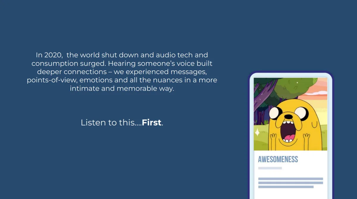Uses a pop-culture image (Jake the Dog from Adventure Time) to illustrate the concept of 'awesomeness' in audio content.