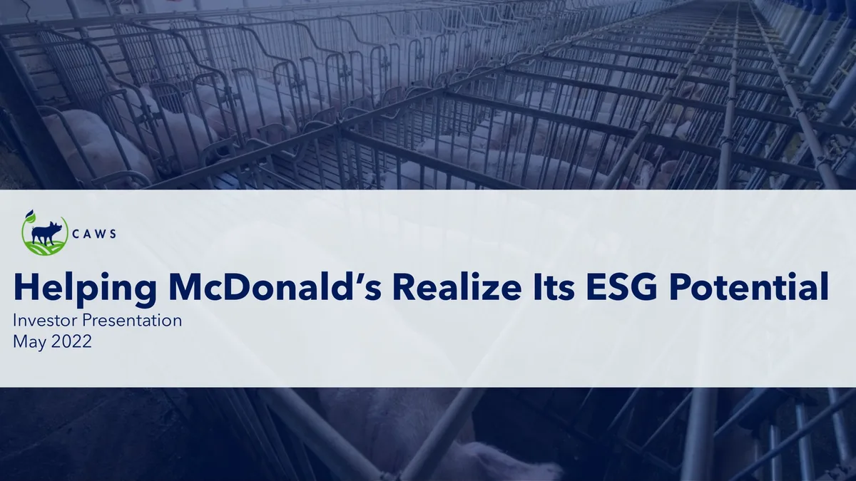 The background image of pigs in crates is a common activist tactic to frame the company's operations negatively.