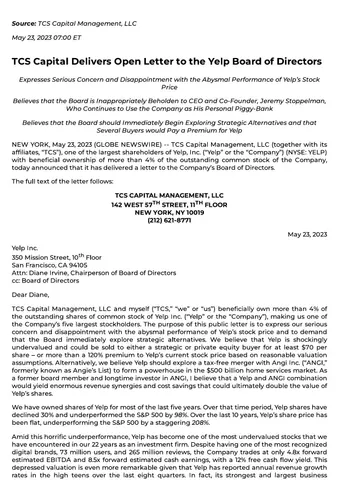 TCS Capital Yelp Open Letter to Yelp Board of Directors May 2023