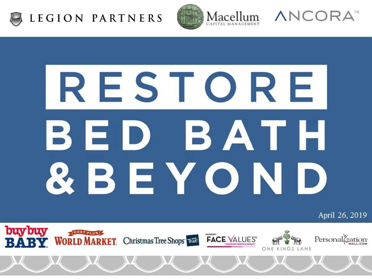 Includes logos of Legion Partners, Macellum Capital Management, and Ancora, as well as Bed Bath & Beyond's subsidiary brands.
