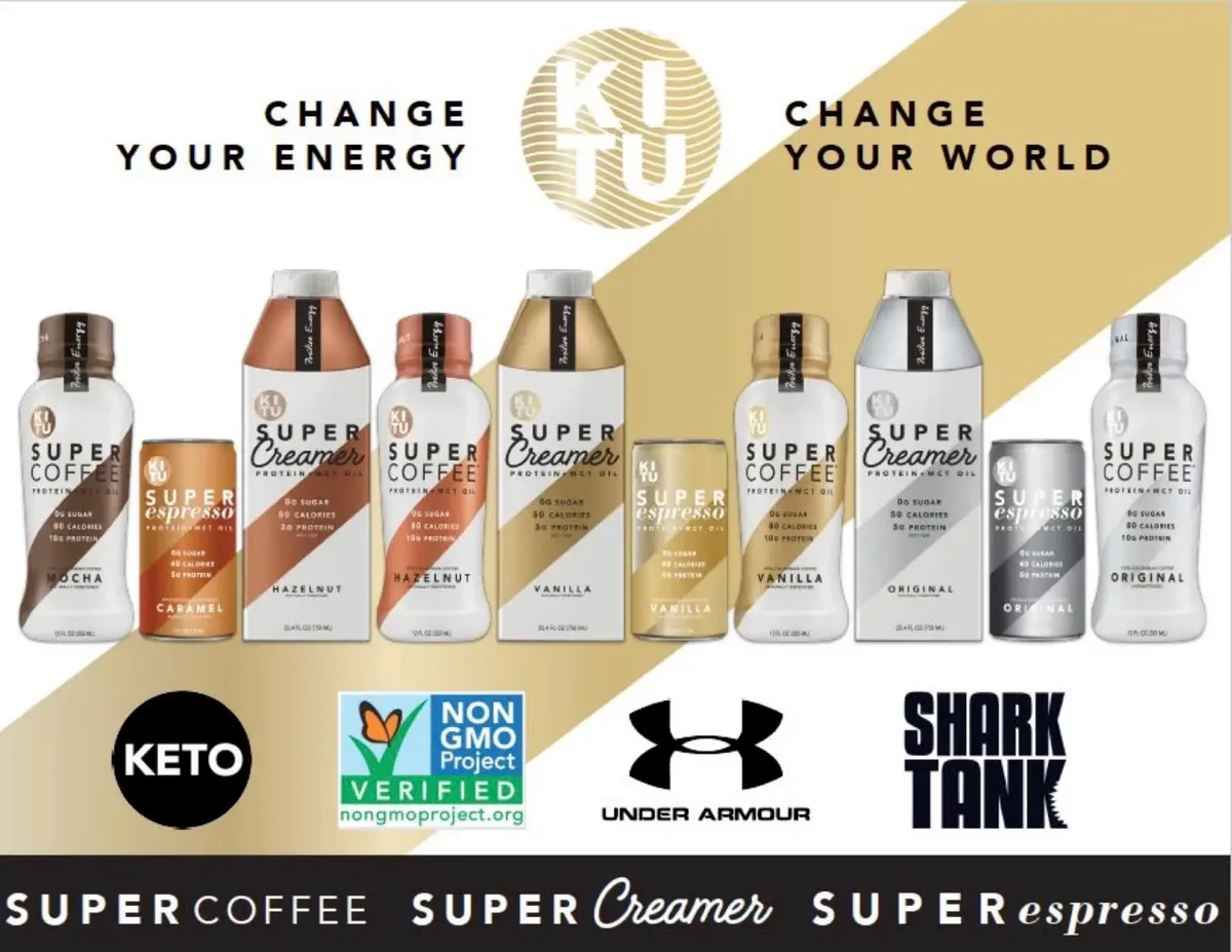 Includes logos for Keto, Non-GMO Project, Under Armour, and Shark Tank.