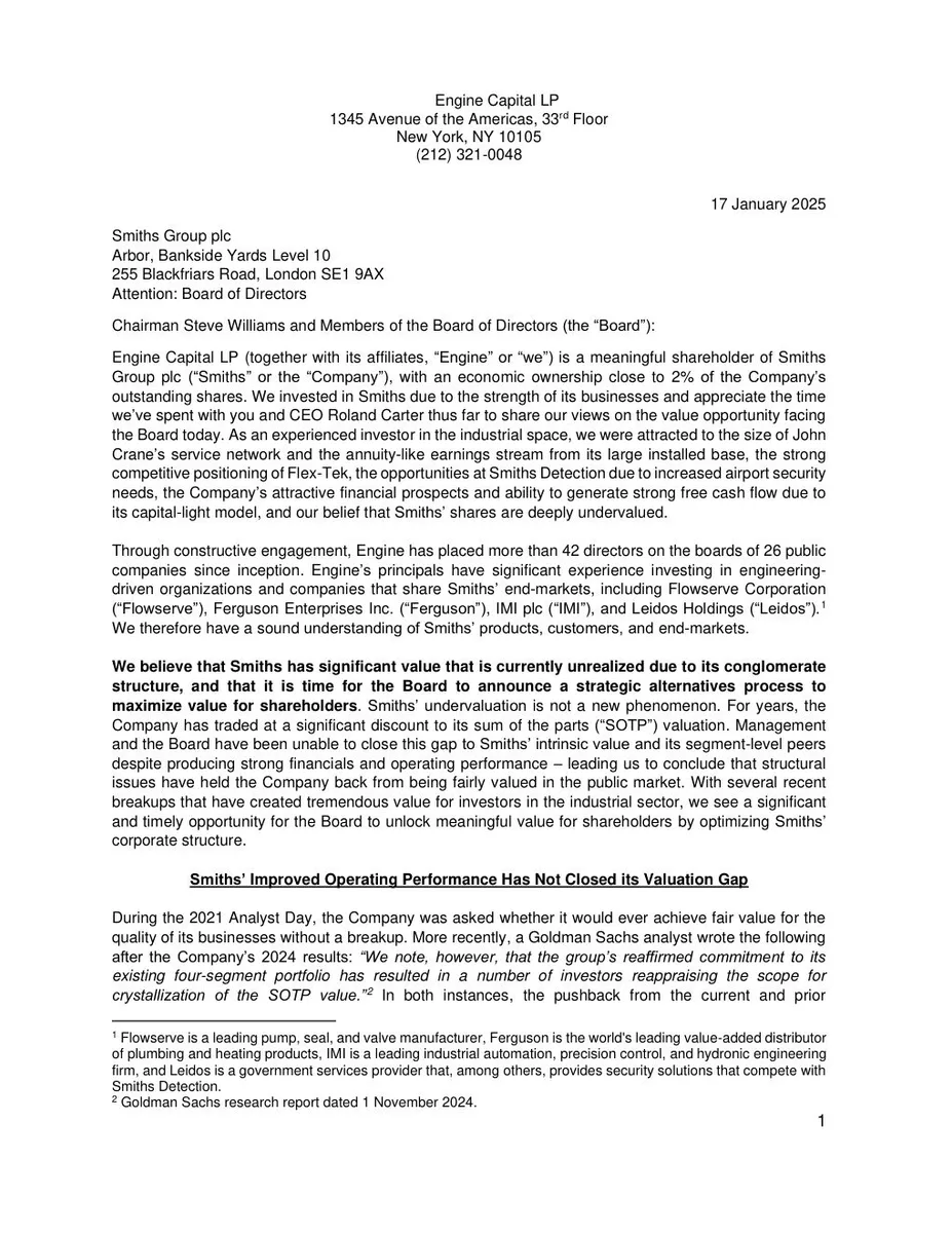 This is the first page of a shareholder letter. It establishes the investor's identity, their thesis on undervaluation, and their intent to push for structural change.