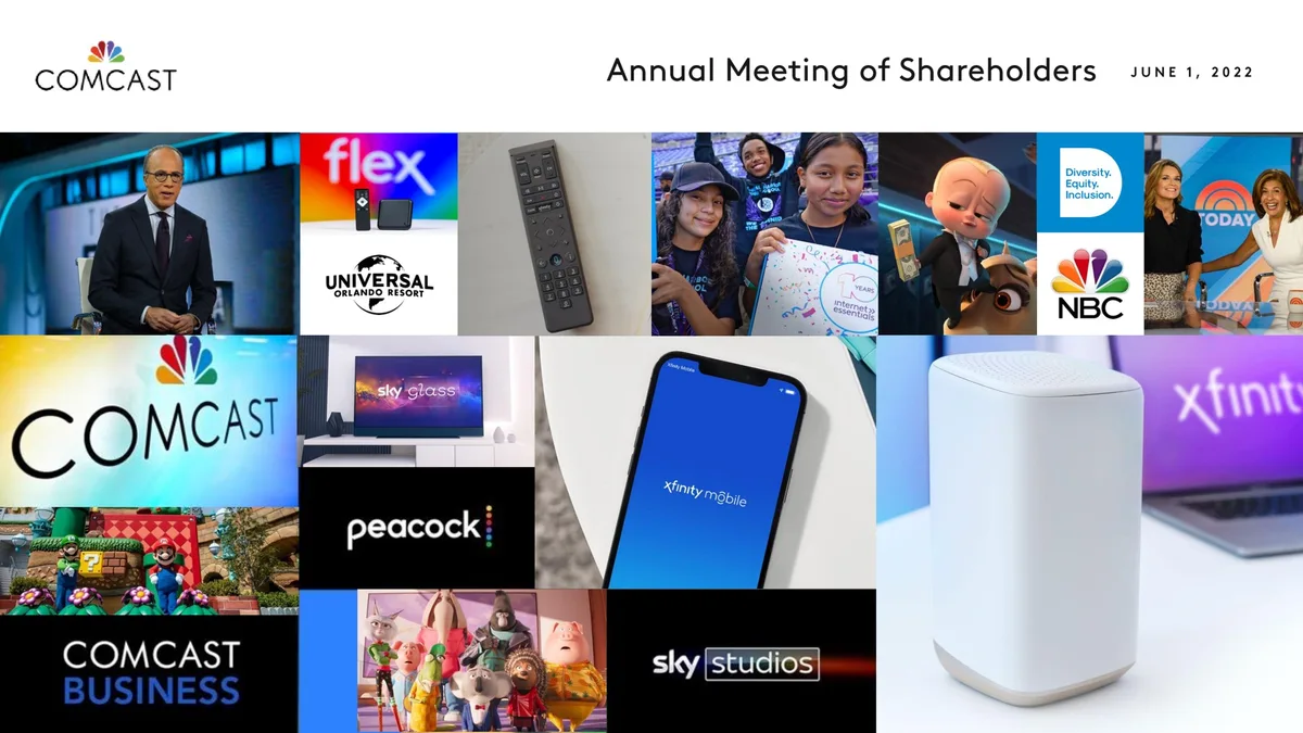 Collage includes Comcast, Flex, Universal, Xfinity, NBC, Peacock, Sky, and Comcast Business.