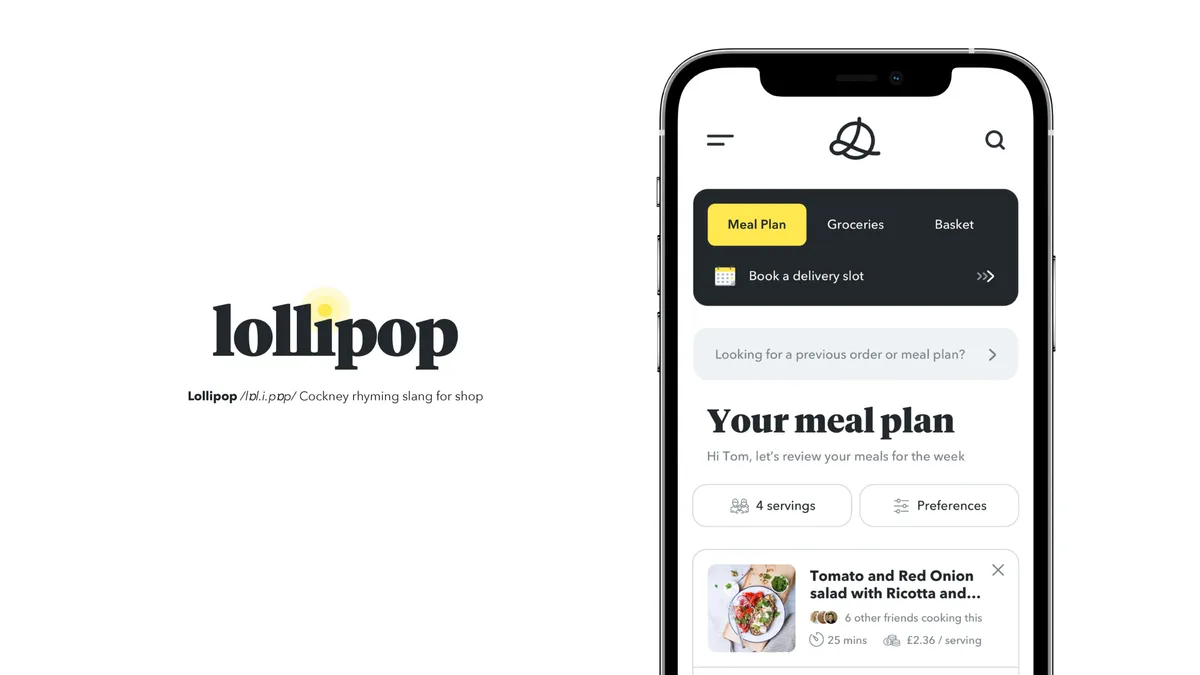 The slide features the brand name with a phonetic pronunciation and etymology, paired with a high-fidelity product UI mockup.