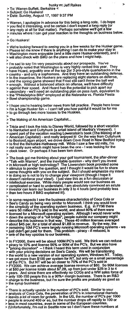This is a historical email correspondence between Jeff Raikes and Warren Buffett regarding Microsoft's business strategy.