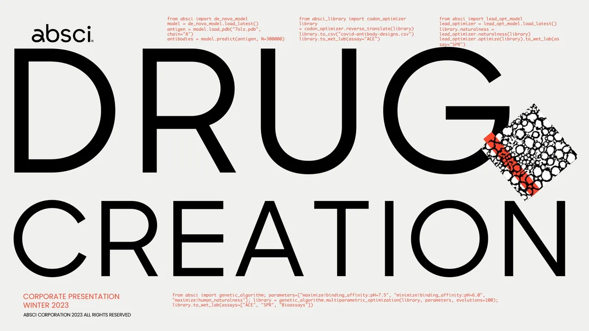 The slide uses Python-like code snippets as a design element to emphasize the computational nature of their drug discovery process.