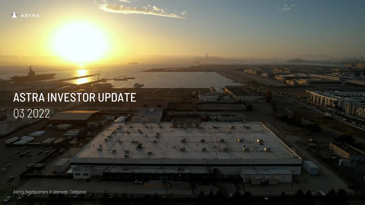 The image shows the Astra headquarters in Alameda, California.