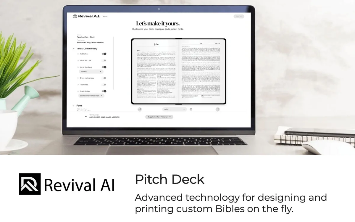 The slide features a laptop screen displaying a UI for a Bible customization tool, with a logo and tagline below.