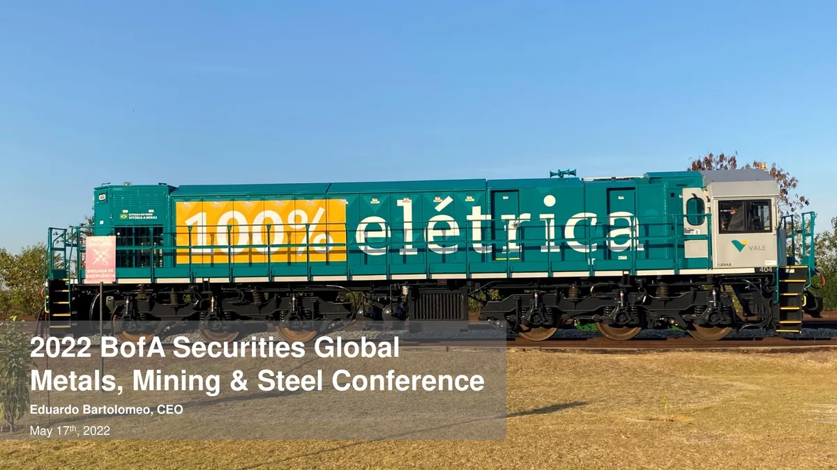 The image features a Vale locomotive branded '100% elétrica'.