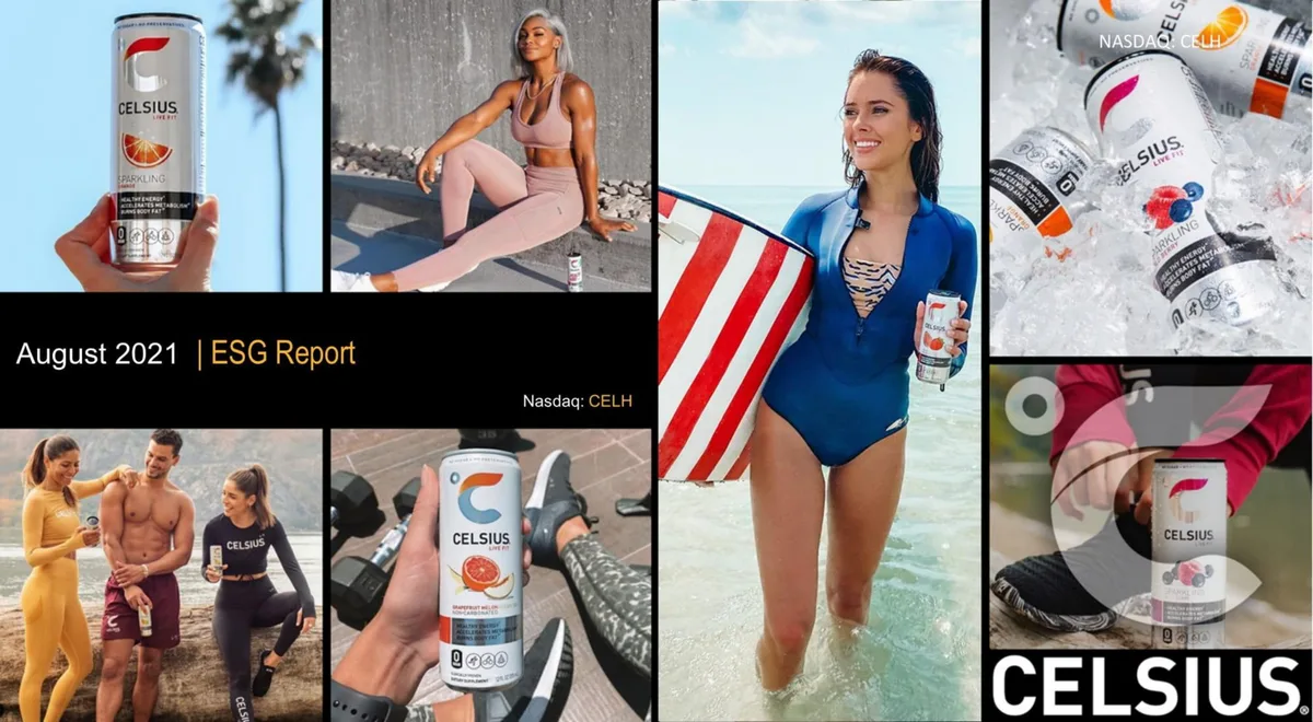 The slide is a collage of lifestyle photos featuring the Celsius brand, with the ticker symbol CELH displayed.