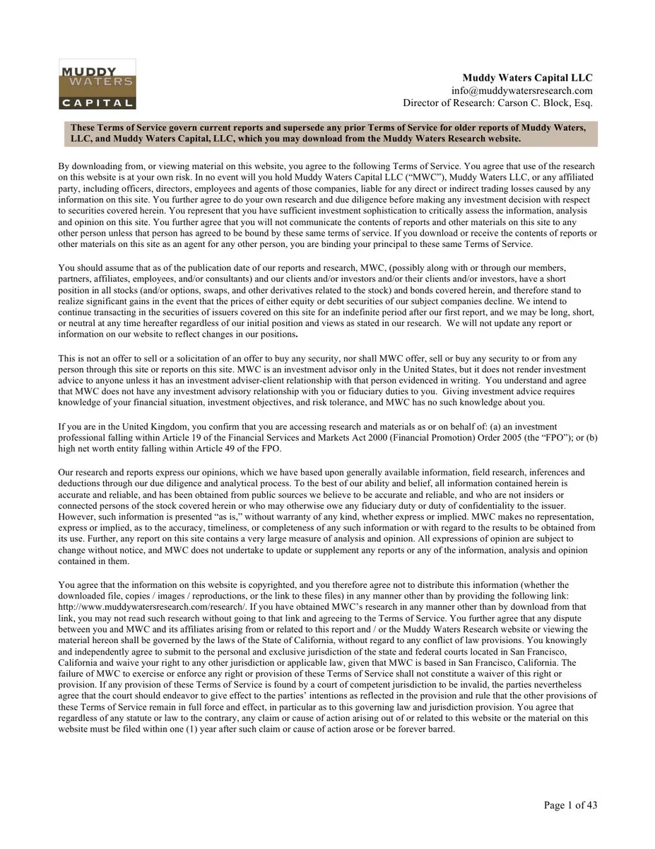 Standard legal disclaimer page for an investment research firm.