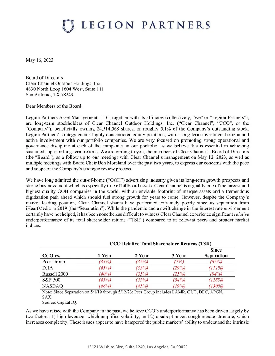The slide is a formal letter from an activist investor (Legion Partners) to the Board of Clear Channel Outdoor Holdings.