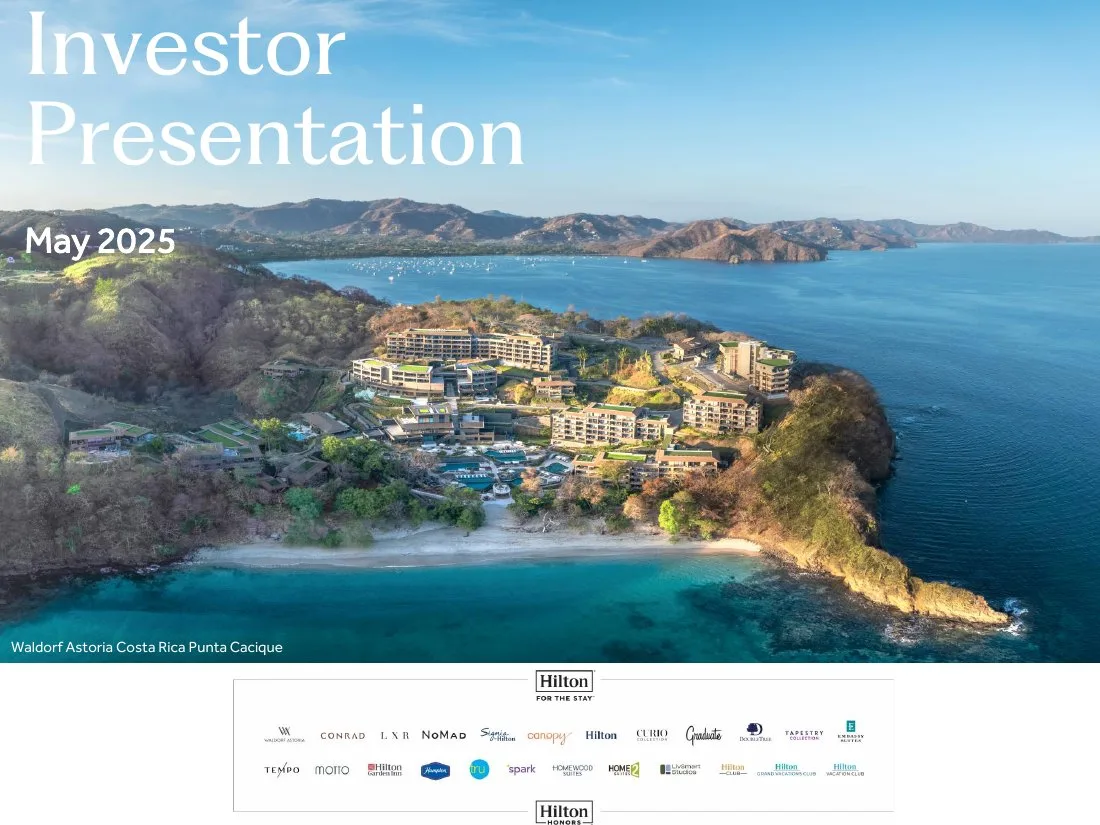 Includes a visual grid of Hilton's brand portfolio at the bottom.