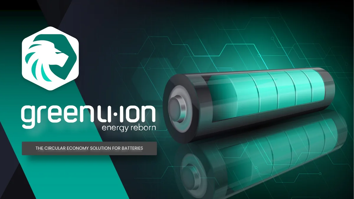 The slide features a stylized battery graphic and the company logo.