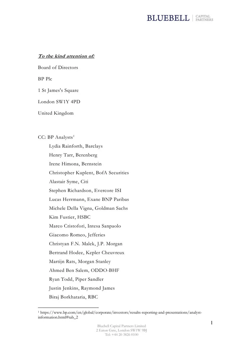Includes formal address and contact information for Bluebell Capital Partners.