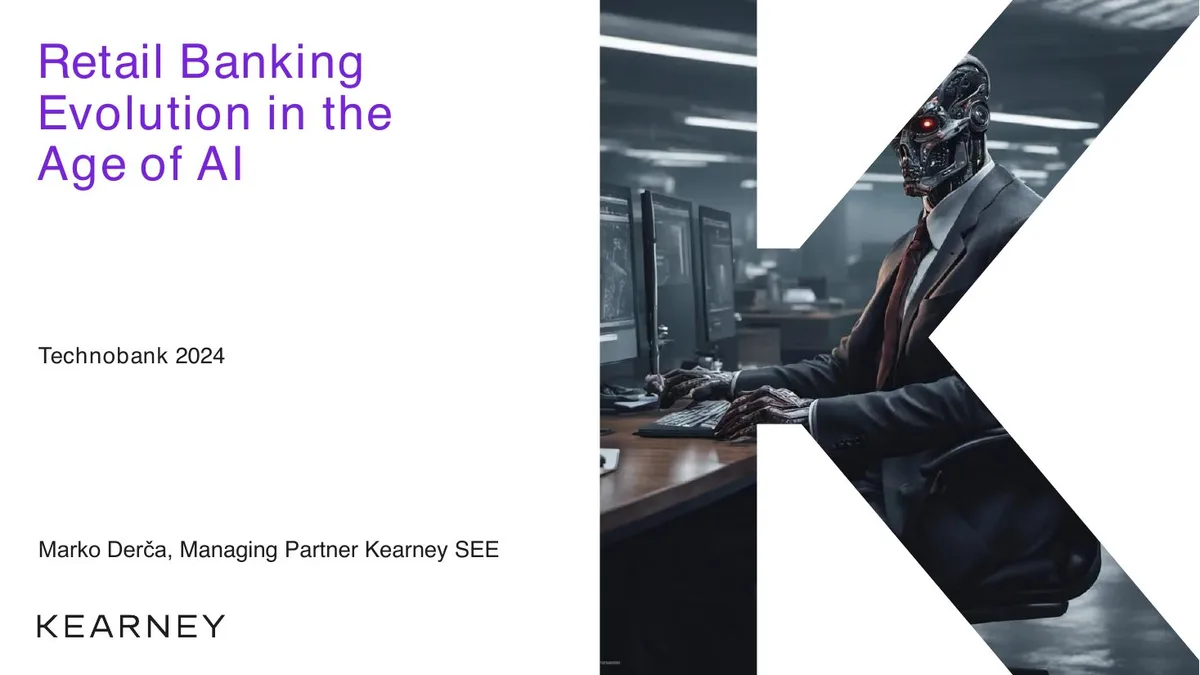 Features a stylized 'K' logo cutout revealing a robotic figure in a suit working at a computer.