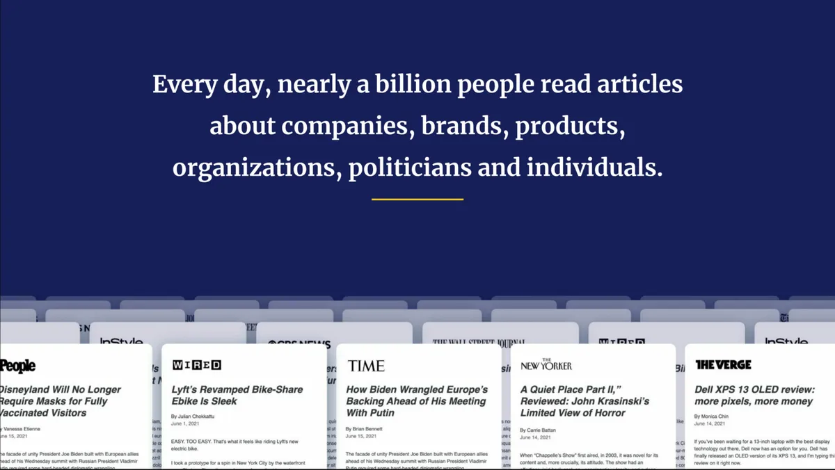 The background features a collage of news article snippets, emphasizing the ubiquity of digital media.