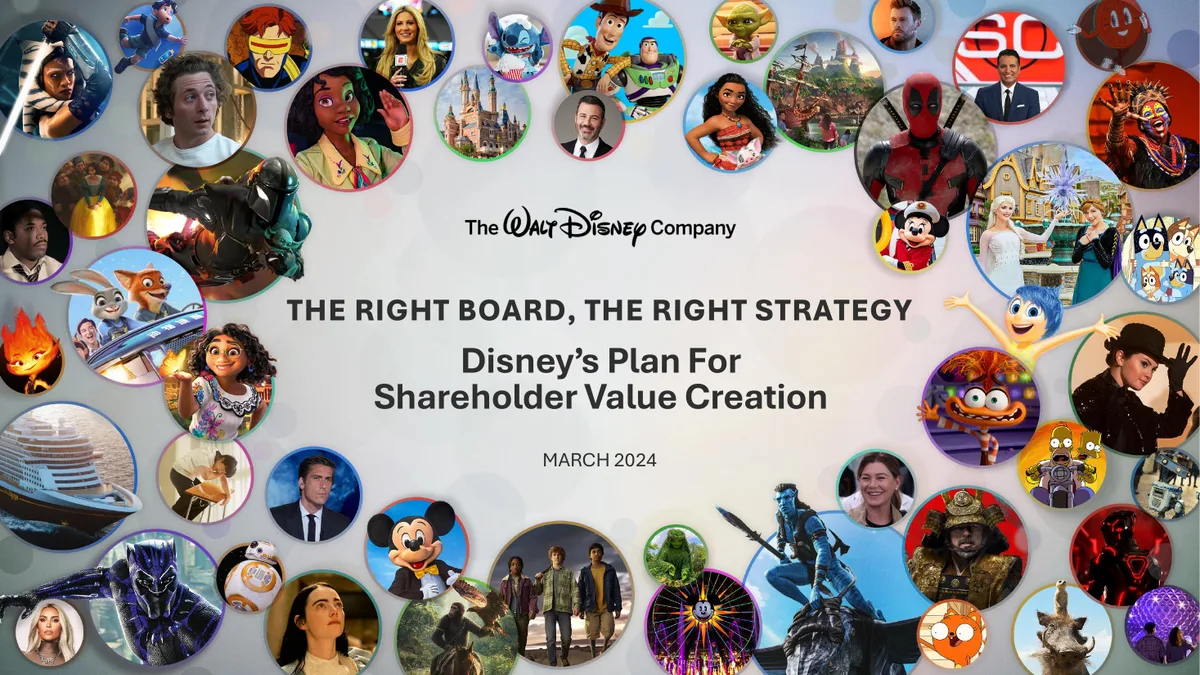 Collage of various Disney intellectual properties and executives.