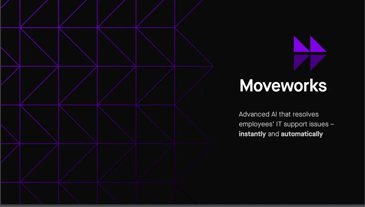 The slide features a geometric pattern on the left and the company logo and value proposition on the right.