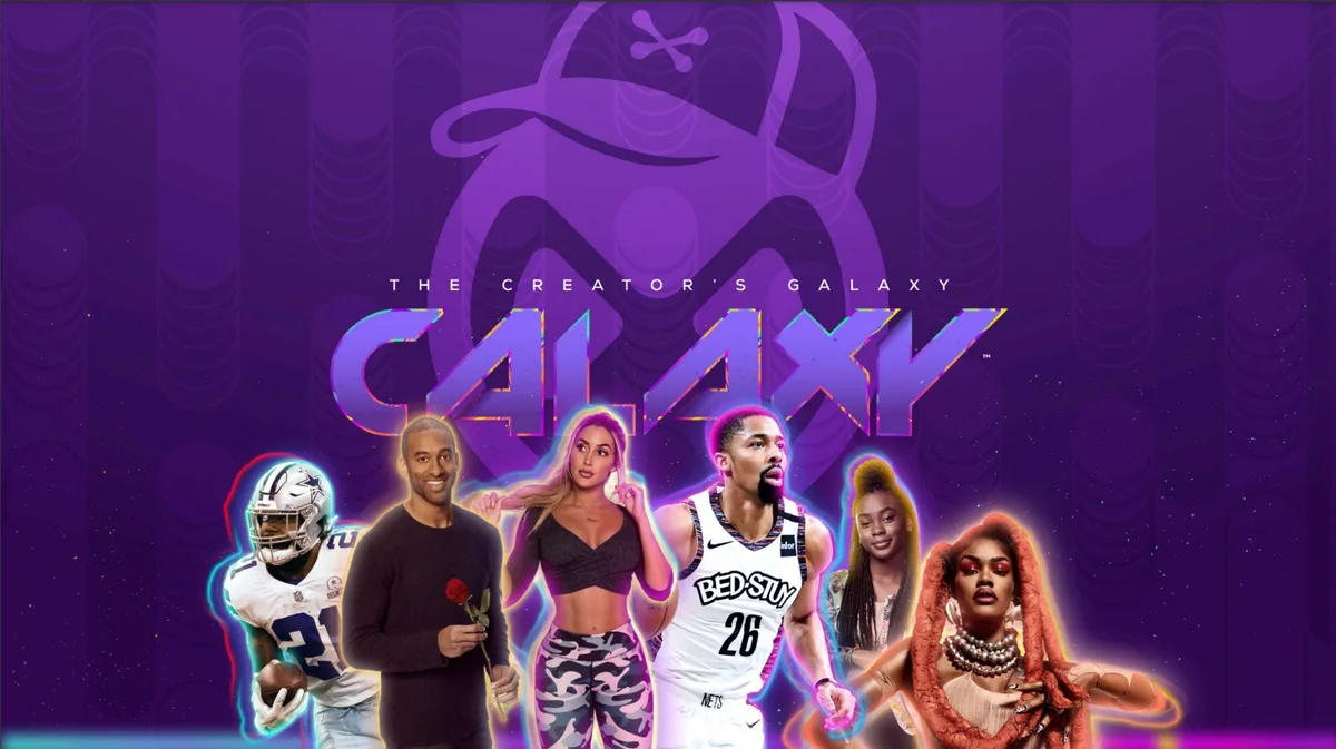 The slide uses a purple gradient background with a stylized logo and a collage of diverse creators/athletes.