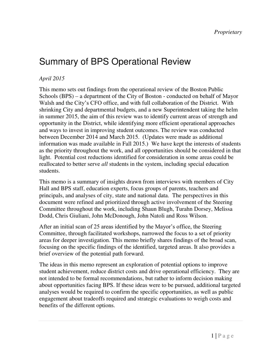 The document serves as an introductory memo for an operational review project.