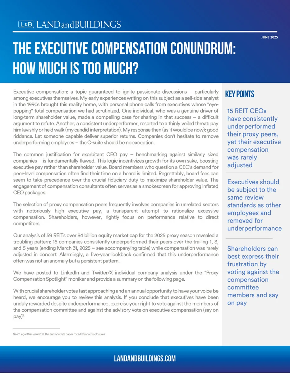 The slide serves as an introduction to a white paper or research note on executive pay practices in the REIT sector.