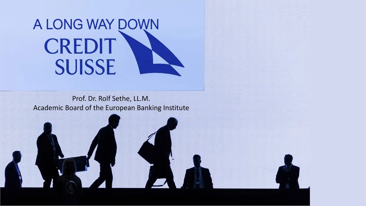 The slide uses a dramatic silhouette image of people walking, reinforcing the 'long way down' theme.