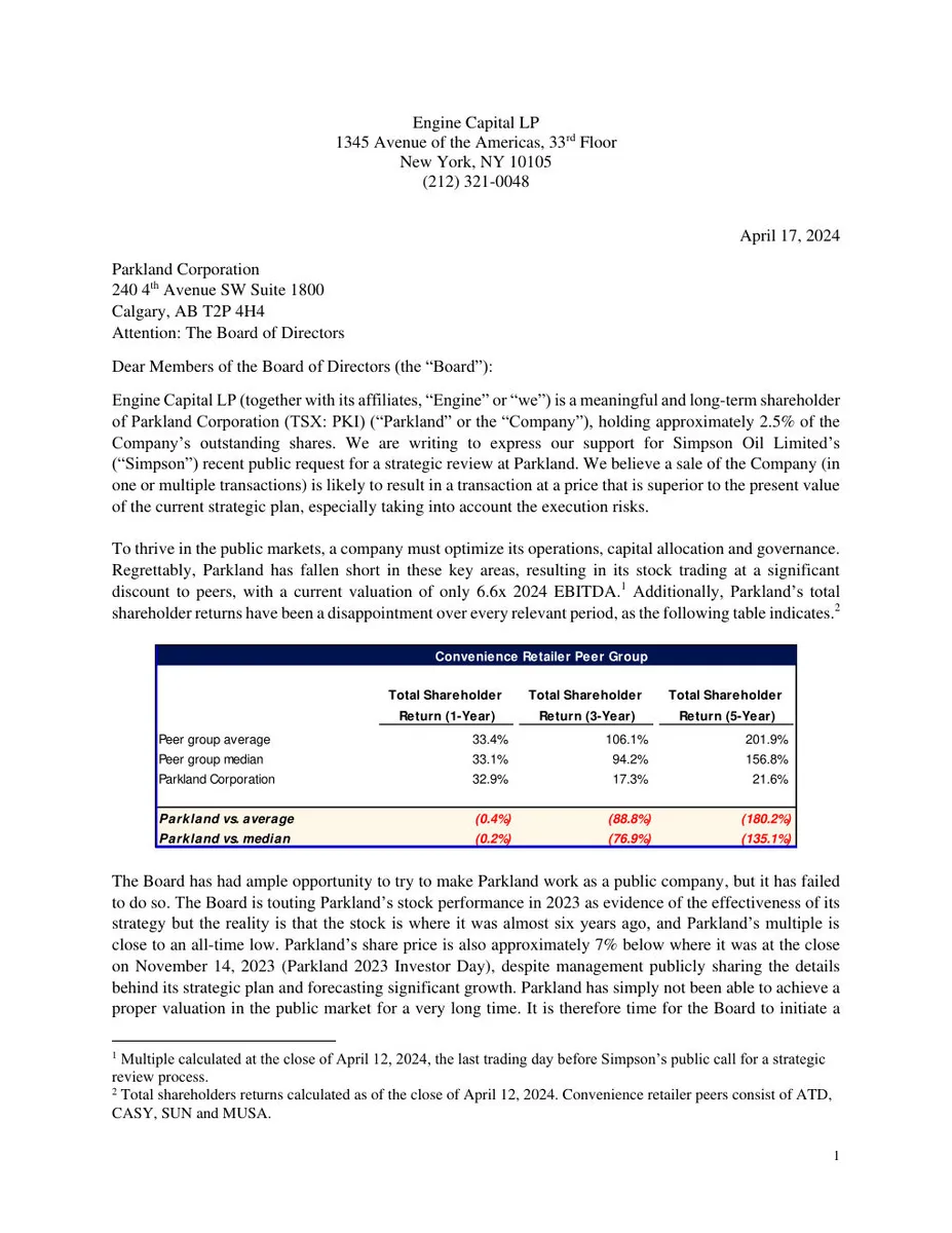 This is the first page of a shareholder letter from Engine Capital LP to the Board of Parkland Corporation.