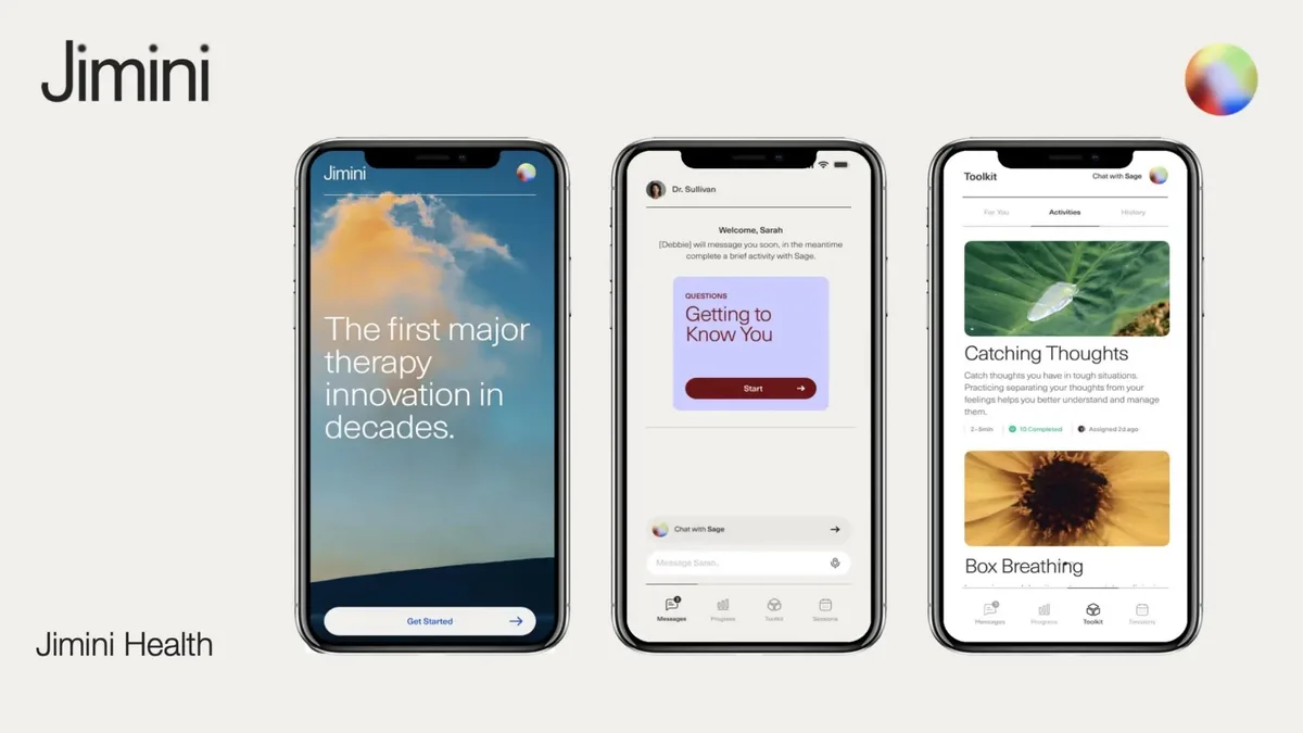 The slide uses three smartphone mockups to illustrate the user experience of the Jimini therapy platform.