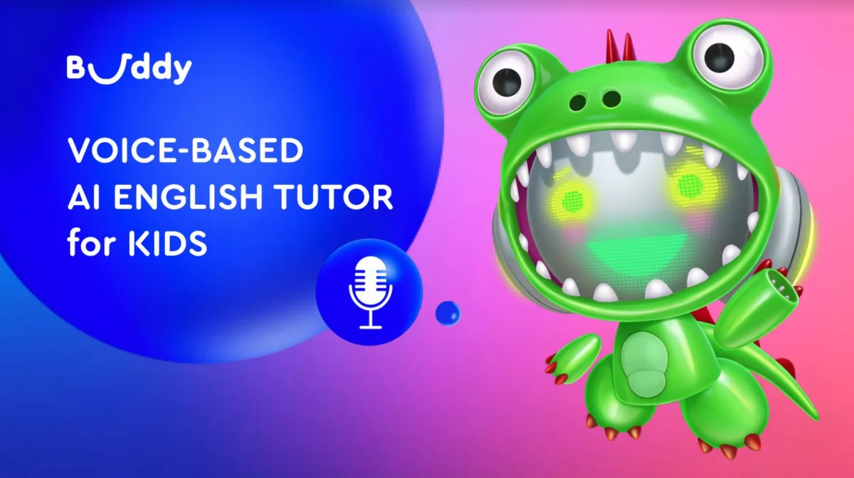 The slide features a mascot character and a microphone icon, emphasizing the voice-based nature of the product.