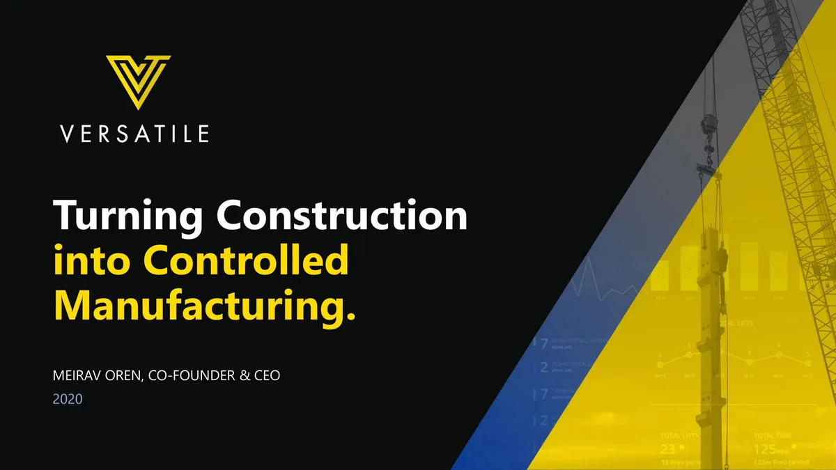 The slide features a logo, company name, CEO name, year, and a background image overlaying construction data metrics.