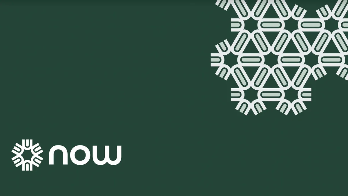 The slide uses a dark green background with a white geometric snowflake-like pattern and the company name 'now'.