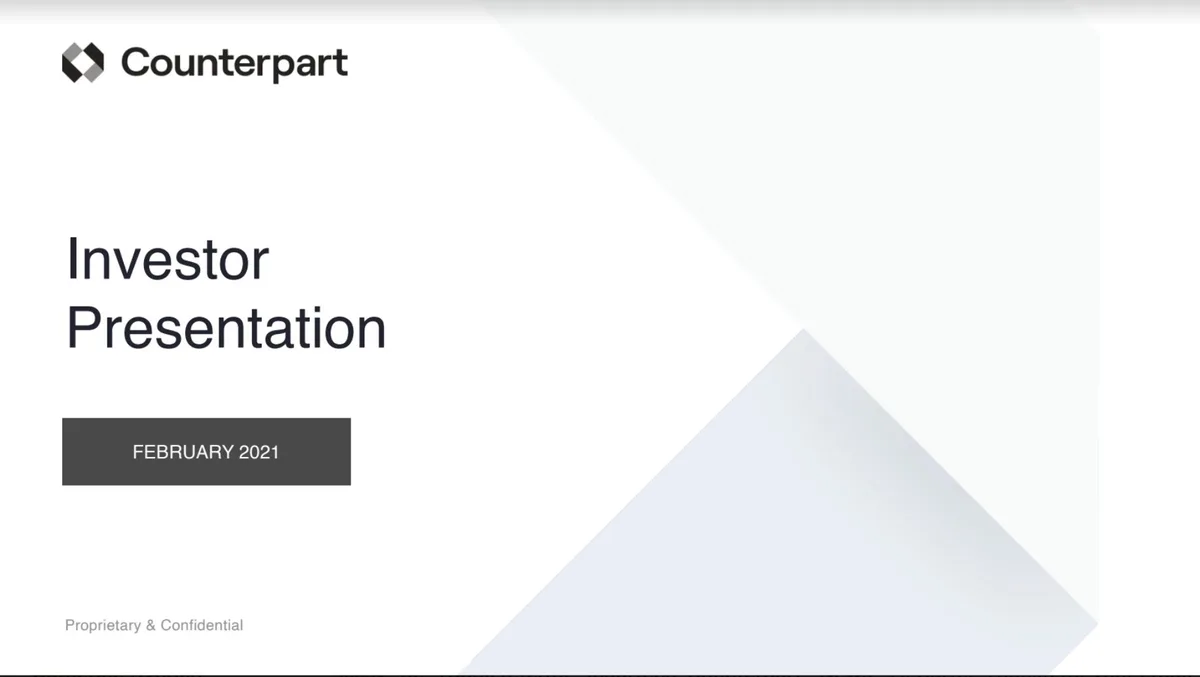 See the 8-page pitch deck Counterpart;; a startup disrupting commercial insurance with data science;; used to raise a $30 million Series B · slide 1