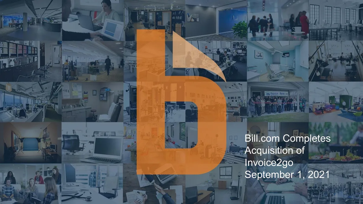 The slide uses a large, stylized orange 'b' logo overlaying a grid of stock photos depicting various professional environments.