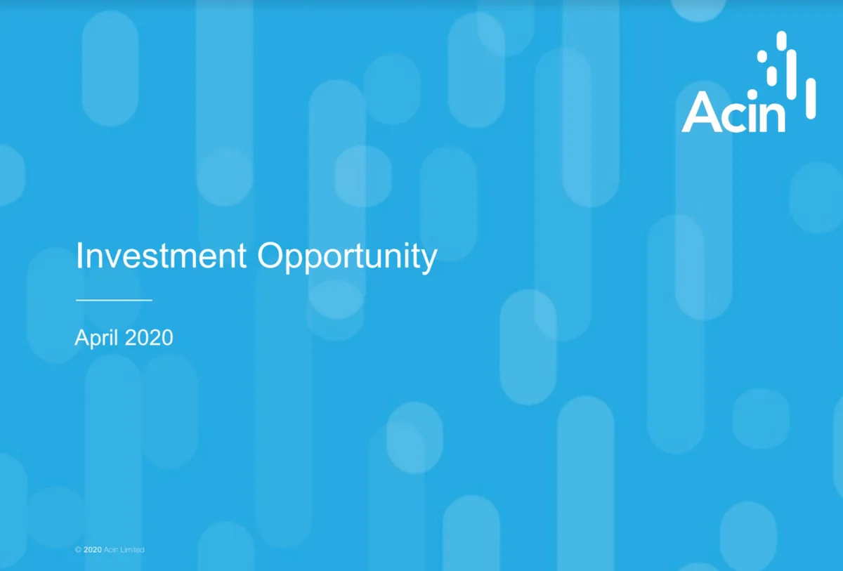 Risk analysis startup Acin used this pitch deck to win $12 million in a funding round backed by Fitch · slide 1