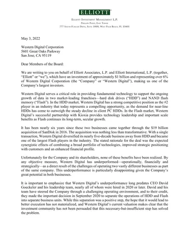 Elliott Management Western Digital Letter May 2022