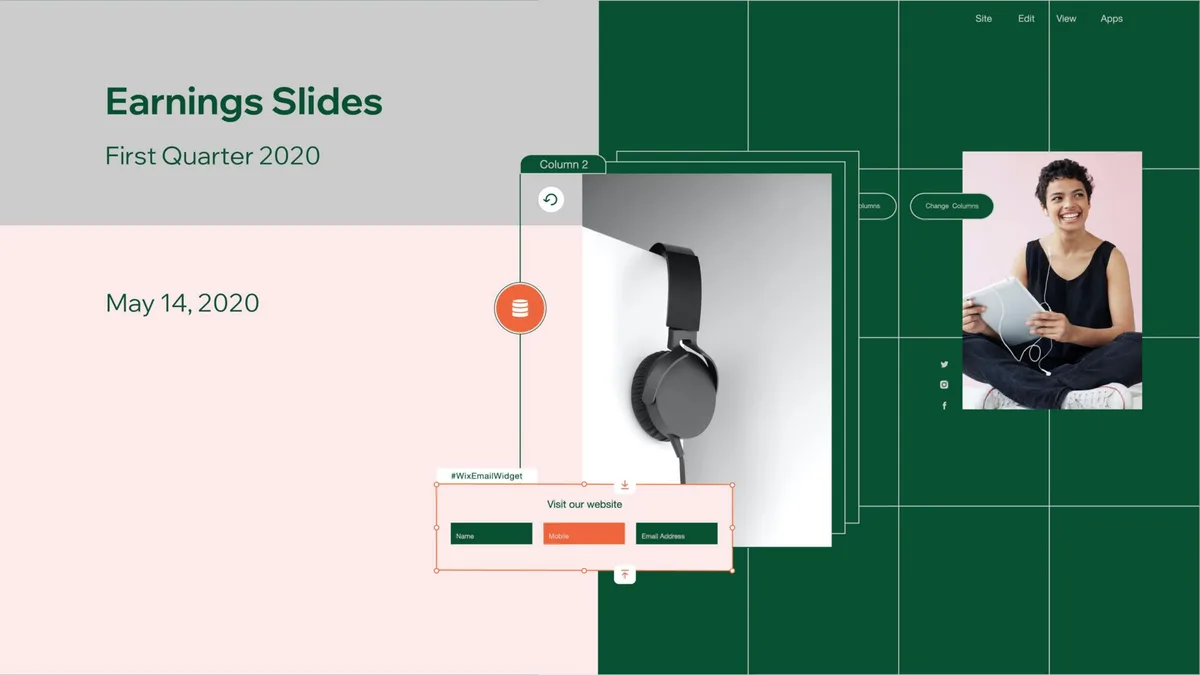The slide is a screenshot of a website builder interface (Wix) being used to design a presentation slide.