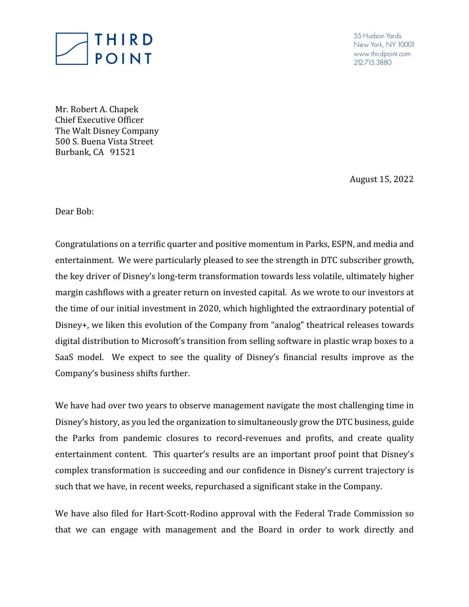 This is the first page of a shareholder letter from Third Point to The Walt Disney Company.