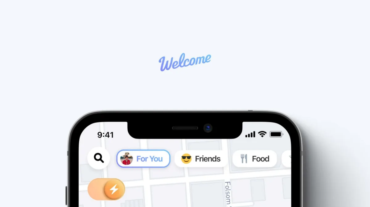 The slide features a high-fidelity screenshot of a mobile app UI, likely a social or location-based discovery tool.