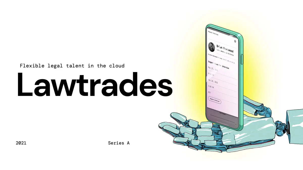 The slide uses a futuristic illustration to represent the intersection of AI/automation and legal services.